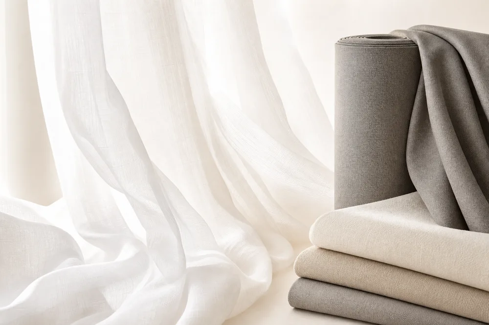 White sheer voile curtain fabric beside grey blackout curtain roll