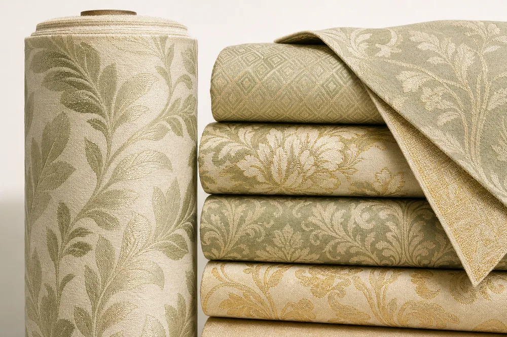 Jacquard fabric roll with woven botanical pattern and folded damask designs