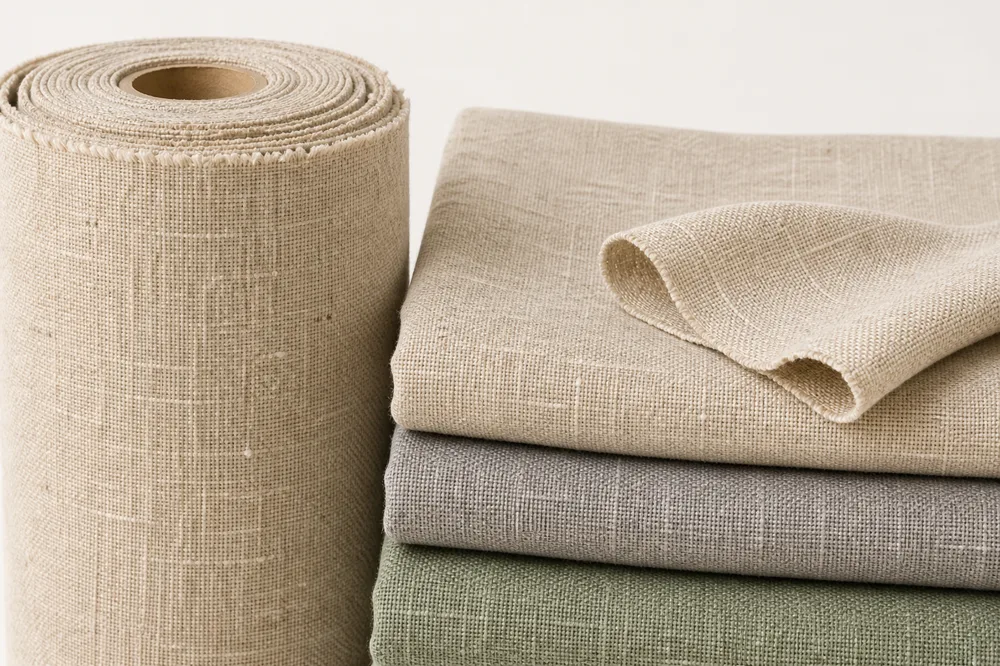 Linen-look fabric roll with slub texture in flax and sage tones