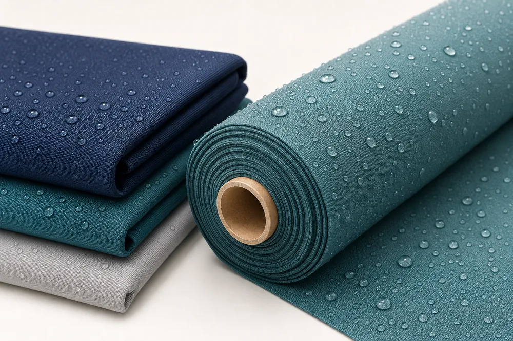 Teal outdoor waterproof fabric roll with water droplets beading on surface
