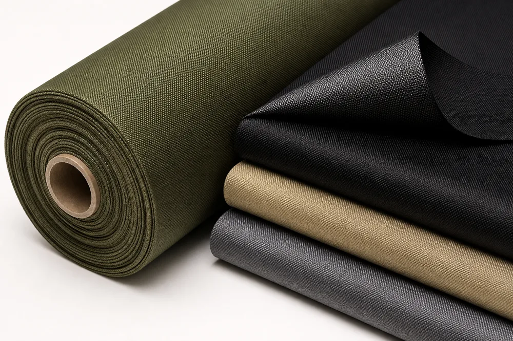 Olive oxford fabric roll with black and khaki folded oxford cloth