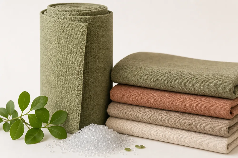 Recycled polyester rPET fabric roll with plastic pellets and leaves