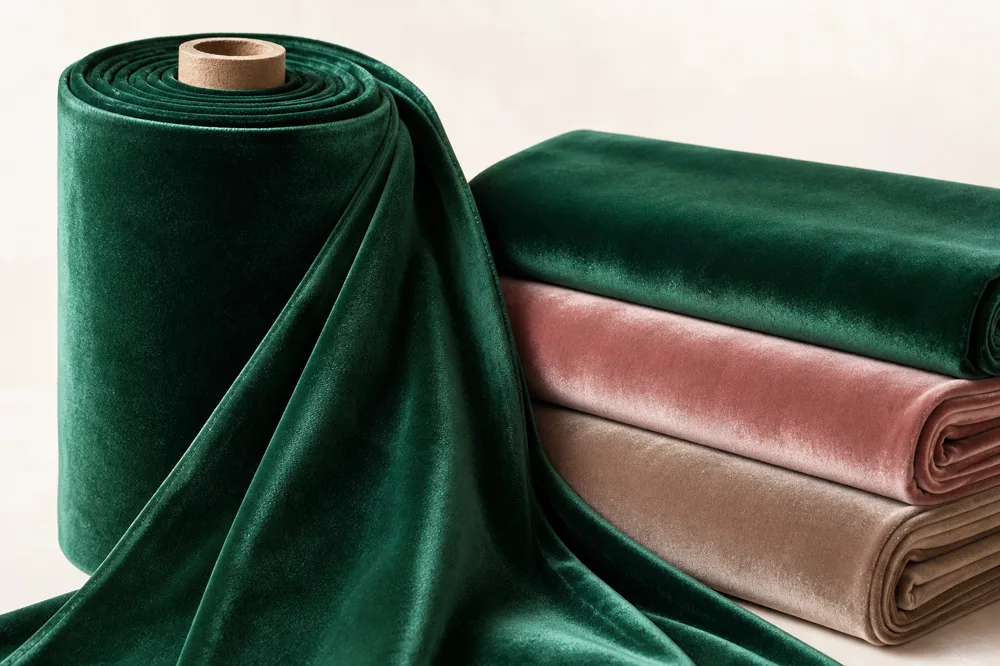 Emerald green velvet fabric roll with folded rose and taupe velvets