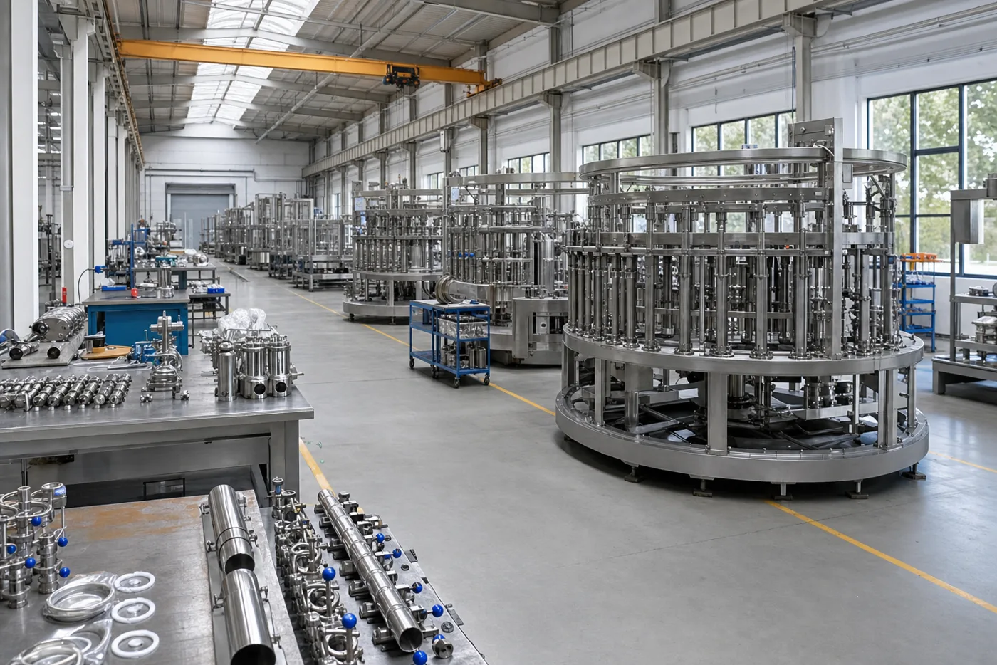 Filling machine assembly workshop with rotary carousels under assembly