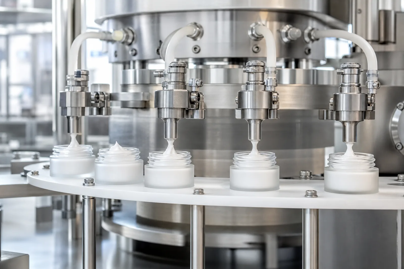 Cosmetic cream filling machine dosing jars on a rotary table