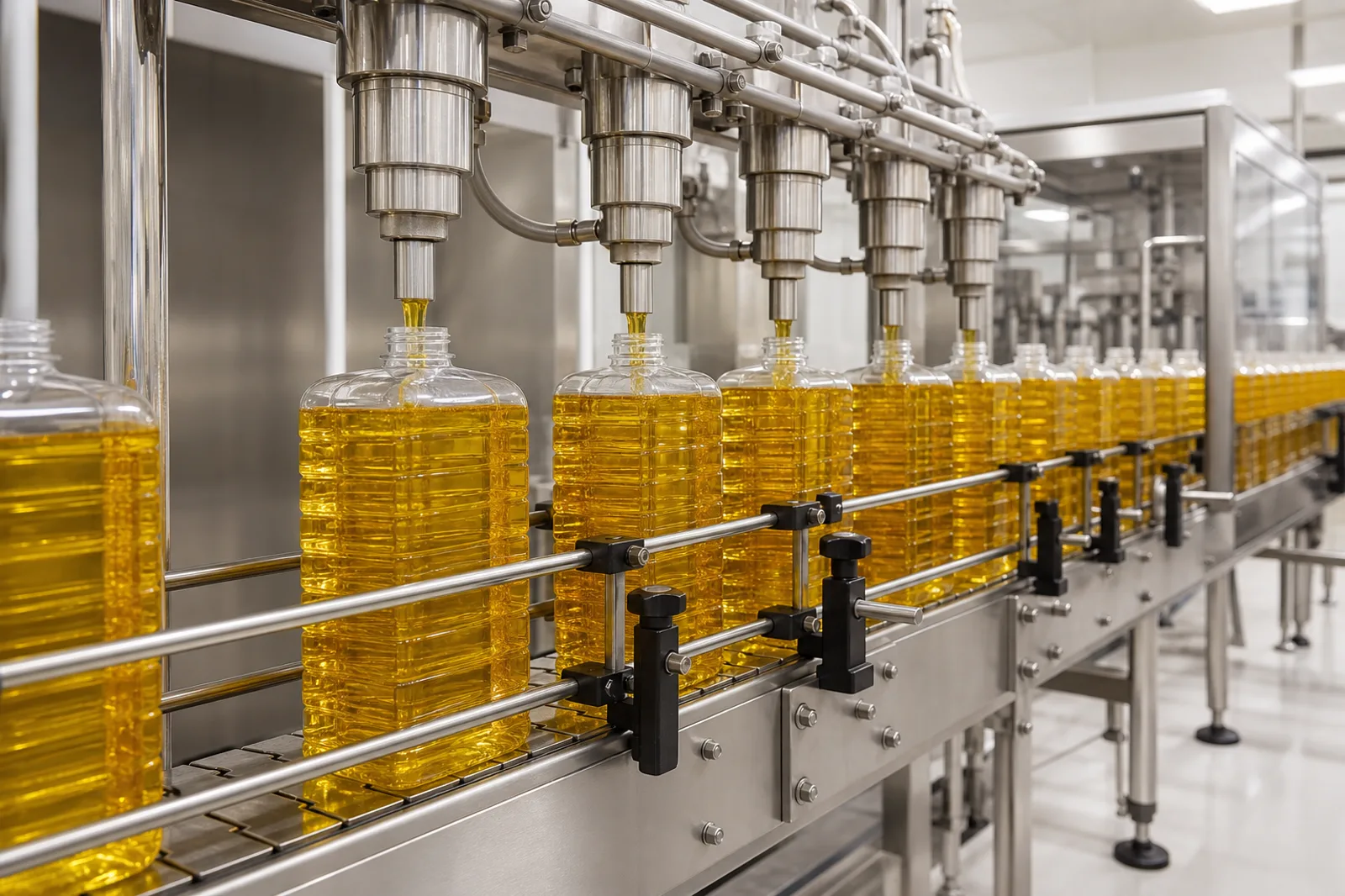 Edible oil filling line with square bottles of golden oil