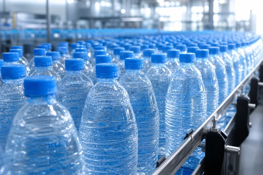 Rows of filled PET water bottles with blue caps