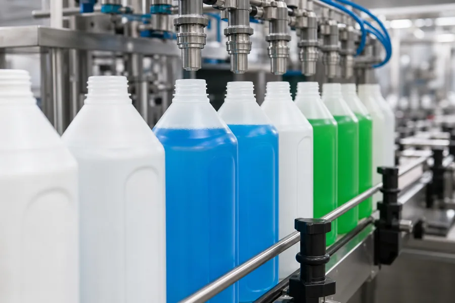 HDPE bottles with blue and green cleaning liquid on a conveyor
