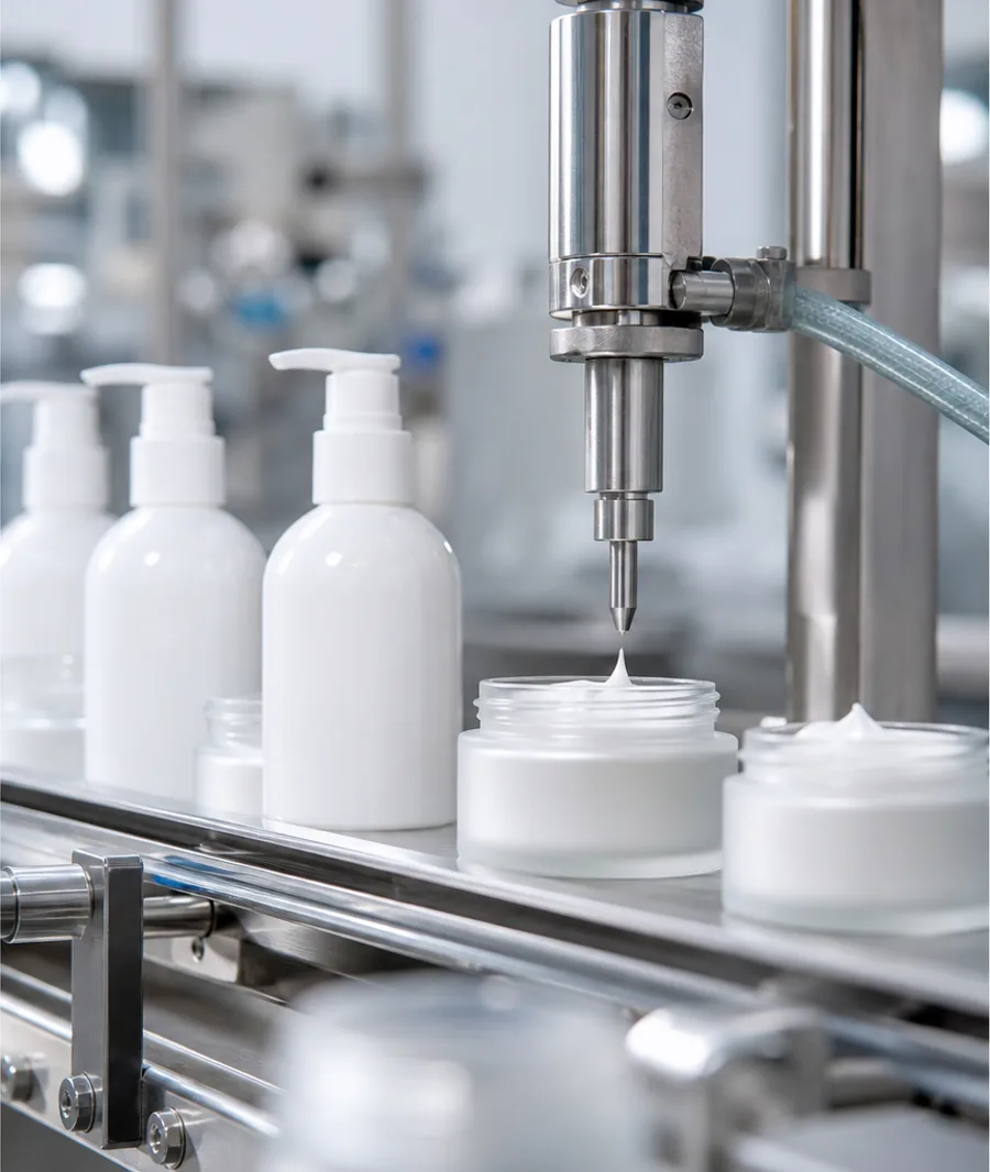 Cosmetic pump bottles and cream jars on a filling line
