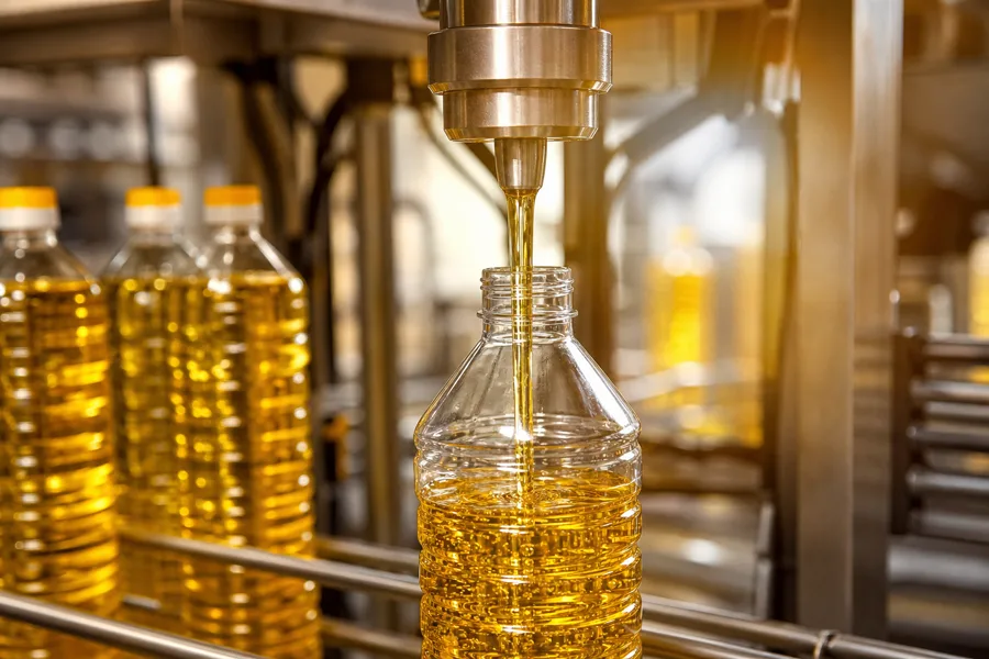 Golden edible oil pouring into a clear bottle