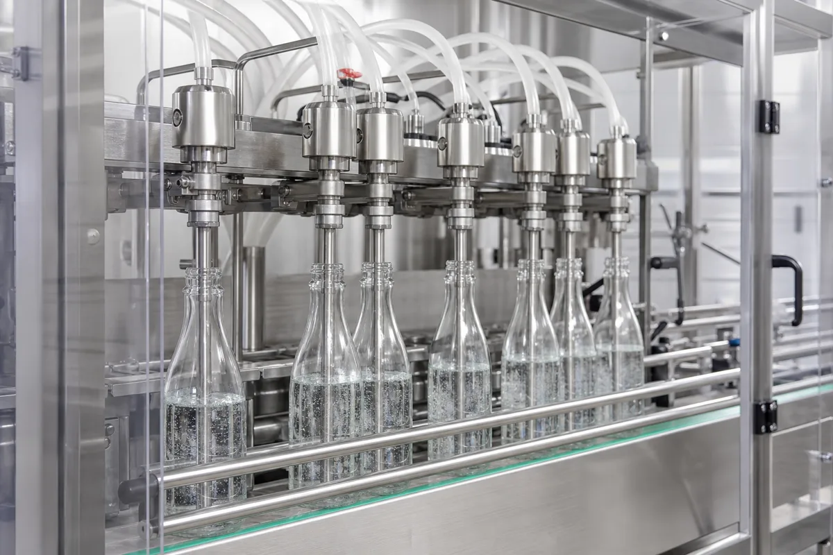 Linear bottle filling machine with diving nozzles