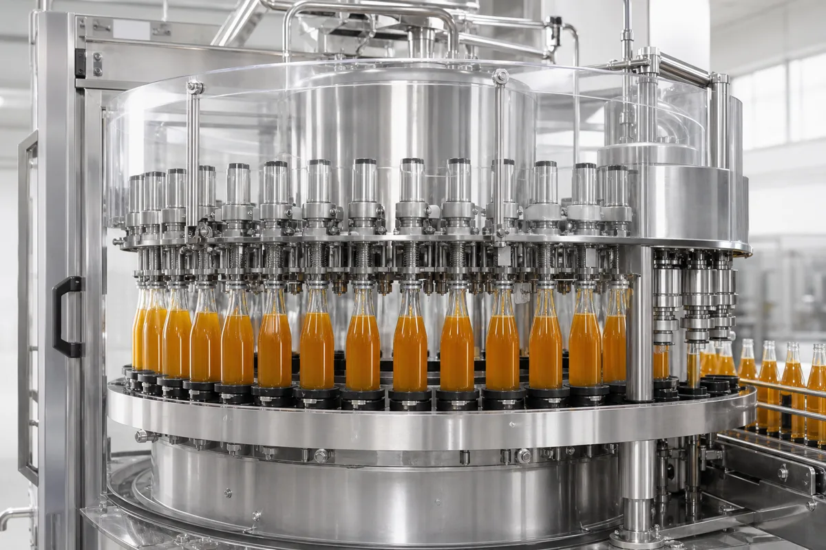 Rotary juice filling machine with glass bottles