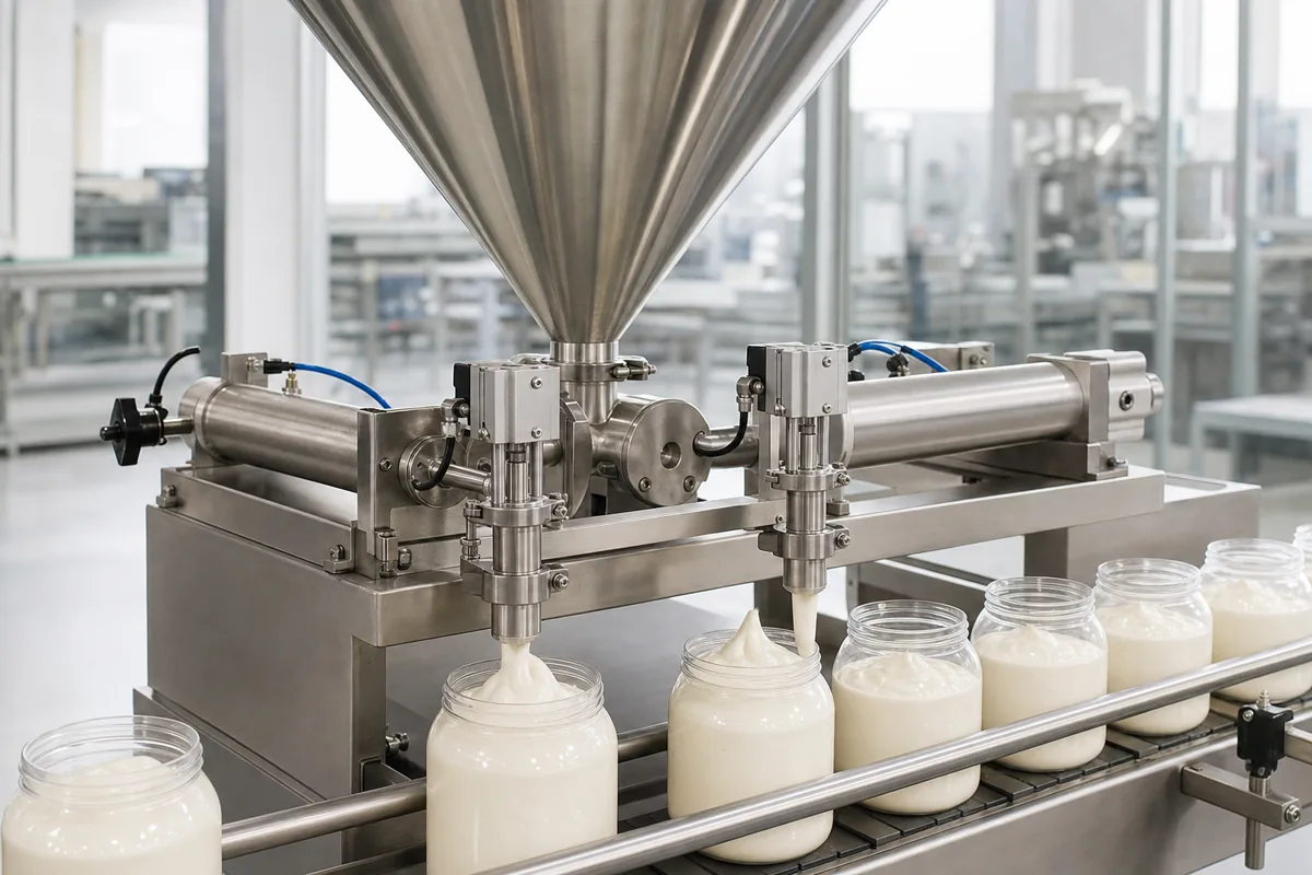 Piston filling machine dosing thick paste into jars