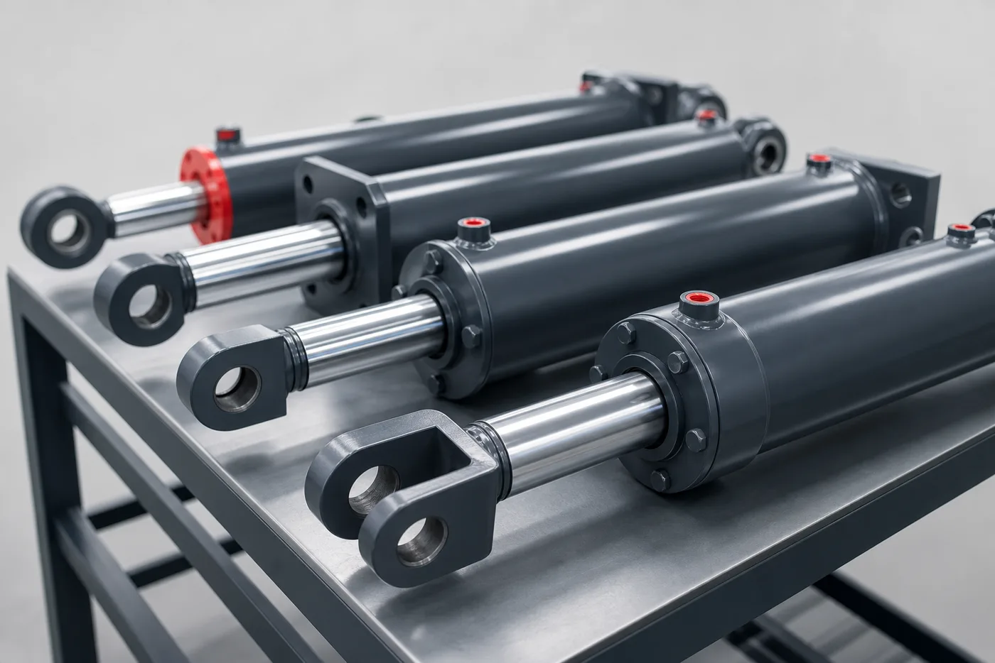 Welded hydraulic cylinders with chrome piston rods on a rack