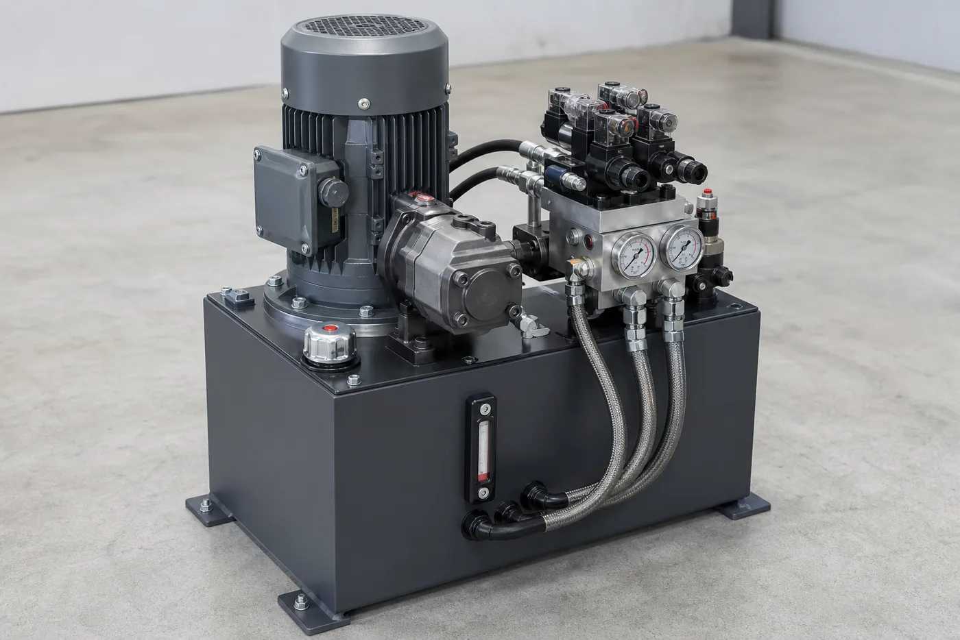 Hydraulic power unit with motor, pump, manifold and gauges
