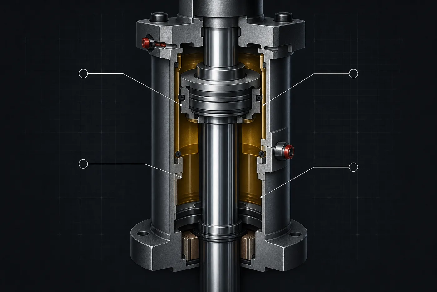 Cutaway illustration of a hydraulic press cylinder showing piston, seals and oil chambers