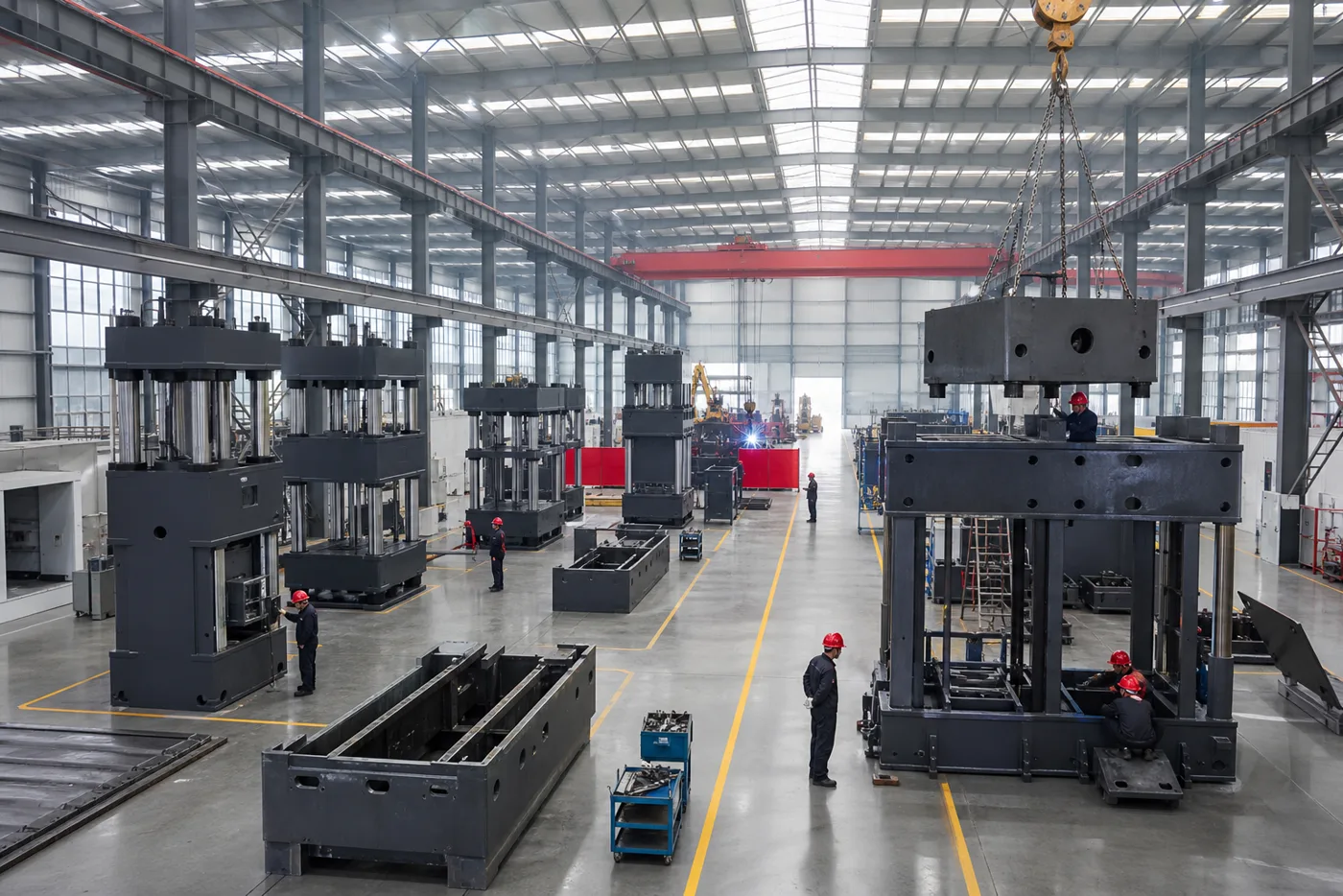 Hydraulic press assembly hall with gantry crane and press frames