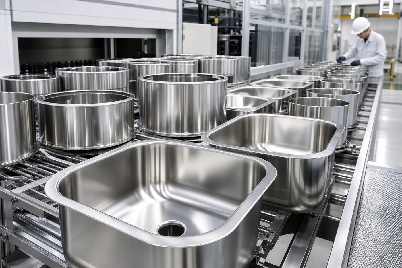 Deep drawn stainless steel sinks and appliance shells on a conveyor