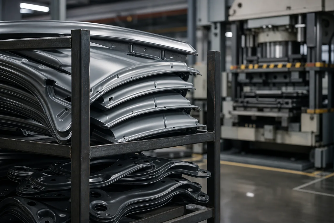 Pressed automotive body panels stacked on a rack beside a press