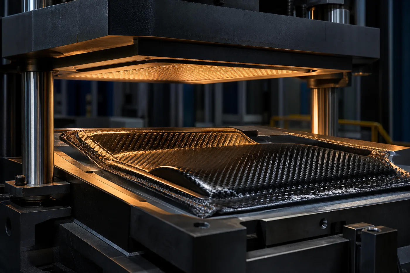 Heated platen press molding a carbon fiber composite part
