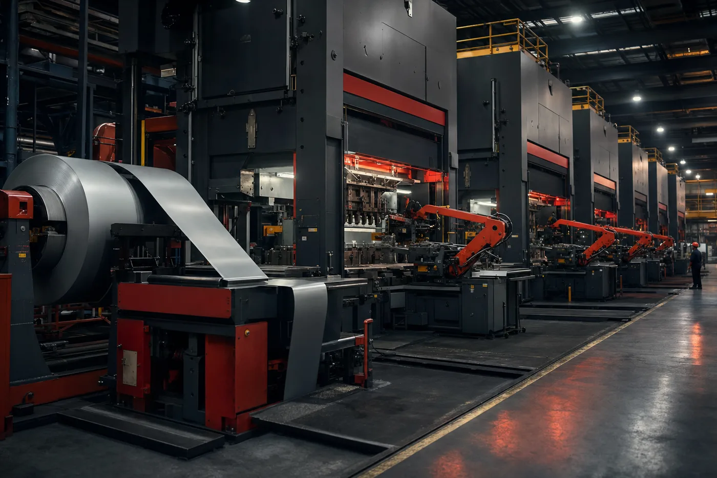 Metal stamping press line with coil feeding and transfer arms
