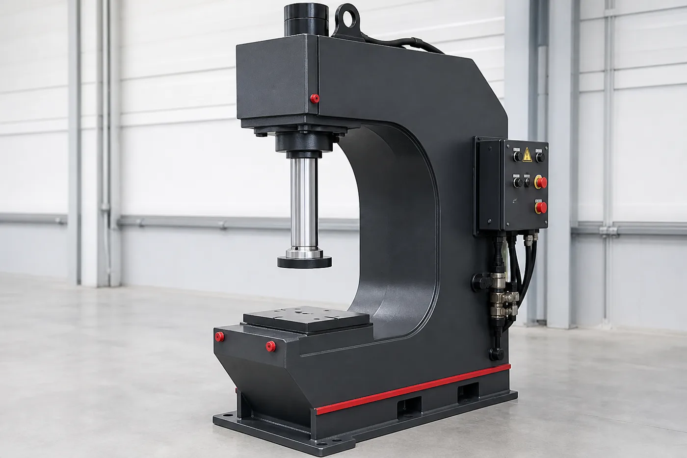 C-frame hydraulic press with open front throat and control box