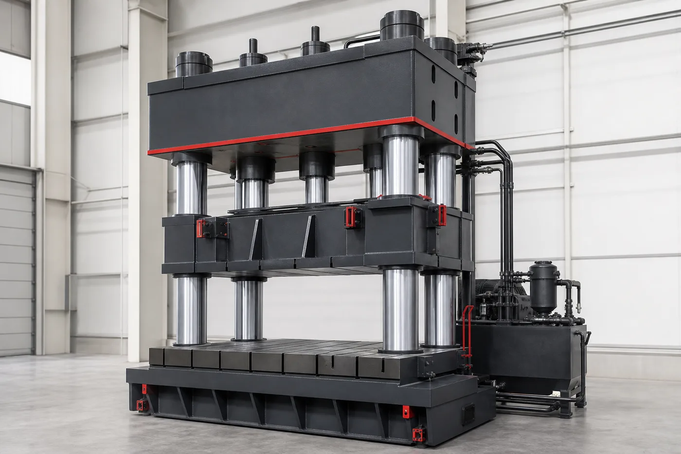 Four-column hydraulic press with chrome guide columns and wide bed