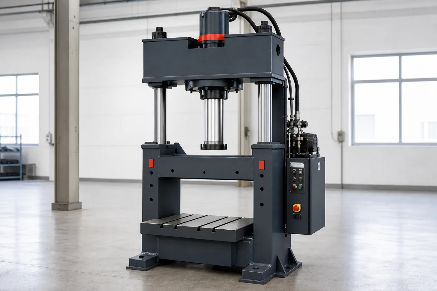 H-frame hydraulic press with twin columns and T-slot work table