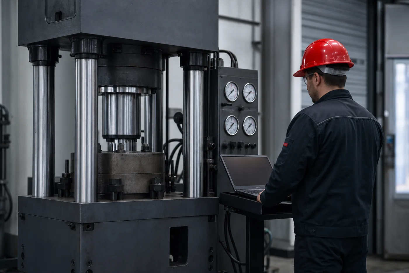 Engineer load testing a four-column hydraulic press with gauges