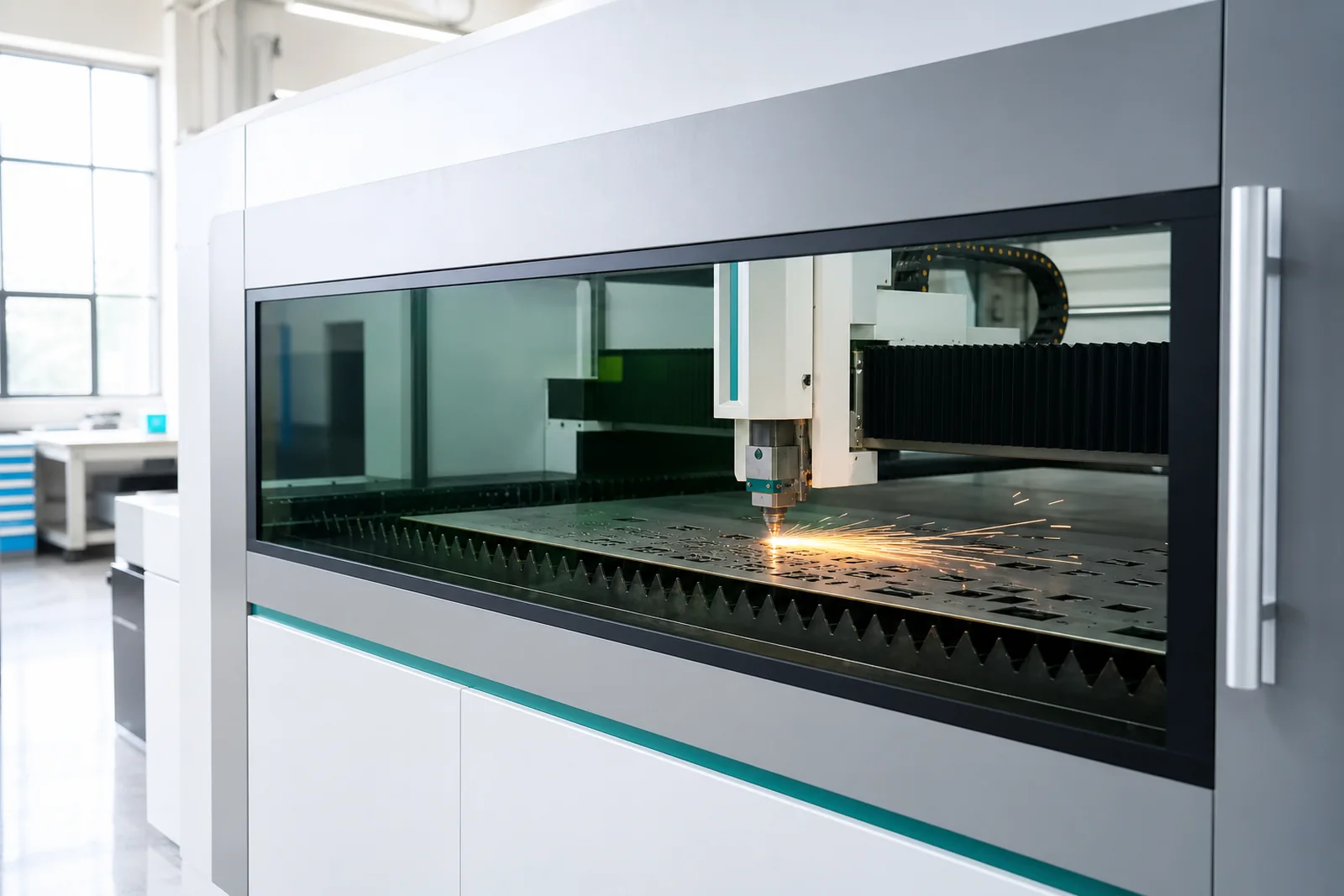 Fiber laser cutting machine cutting sheet steel behind an observation window
