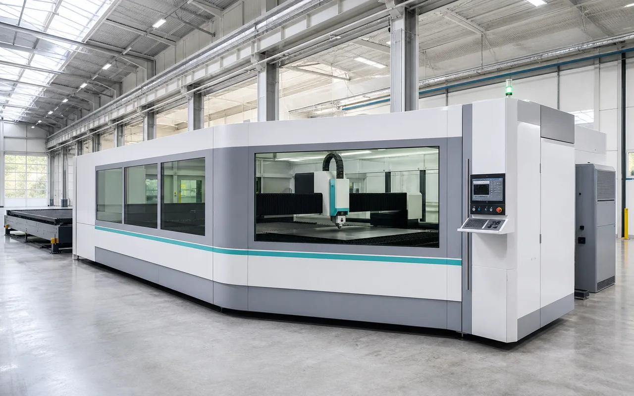 Flatbed fiber laser cutting machine with enclosed cabin and exchange table