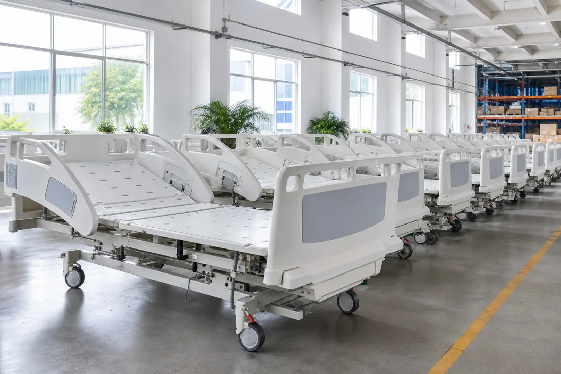 Electric hospital beds staged for export