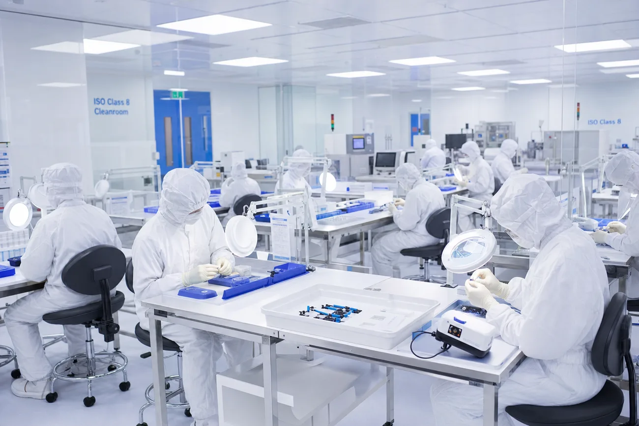Technicians assembling devices in ISO Class 8 cleanroom