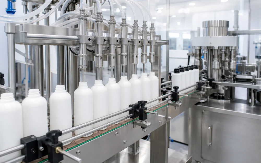 Bottle filling and capping line for cosmetic lotion