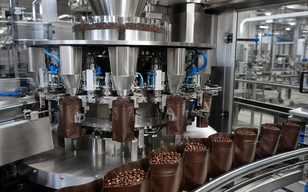 Rotary pouch packing line filling stand-up pouches with coffee beans