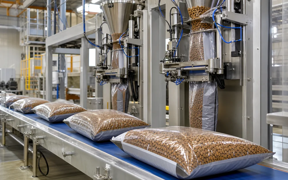 Vertical form fill seal machine bagging pet food kibble