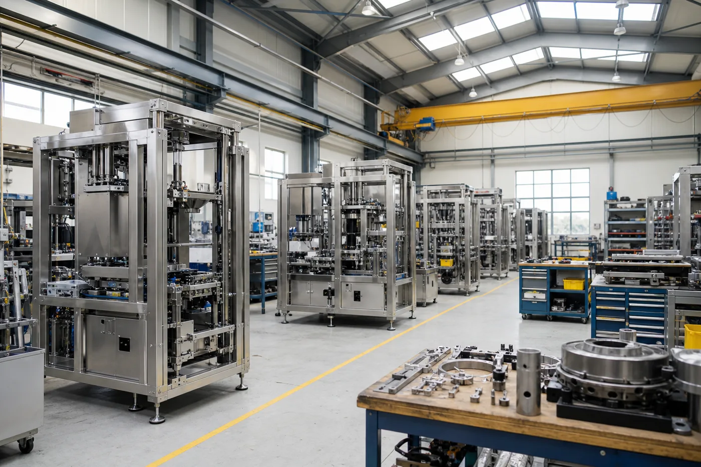 Packaging machine assembly workshop with machines under construction
