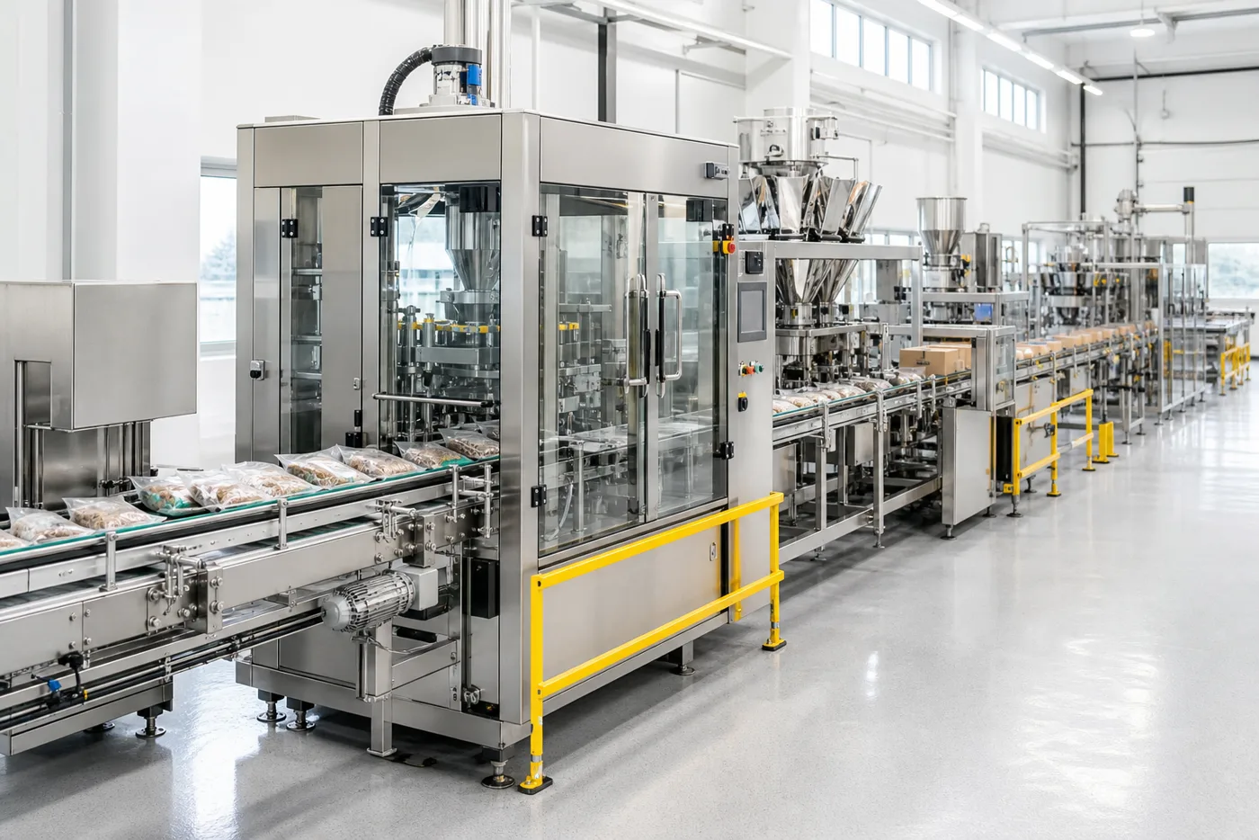 Automatic packaging machine line in a bright food-grade production hall