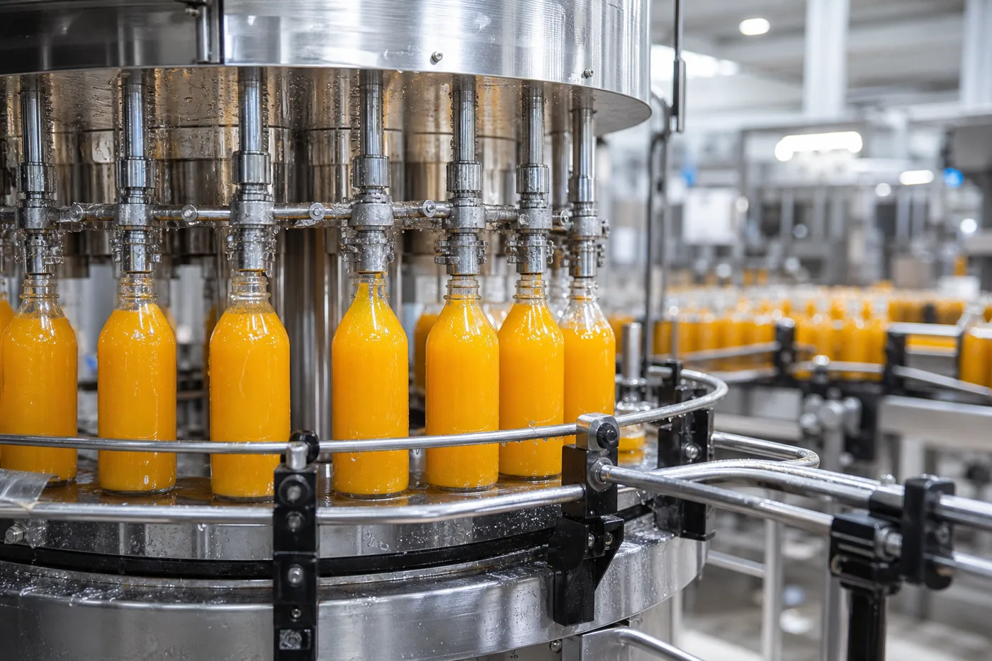 Beverage bottling carousel filling bottles with juice