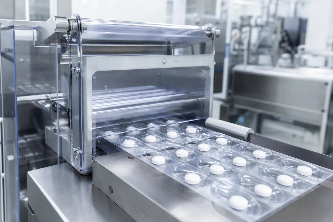Pharmaceutical blister packaging line with white tablets
