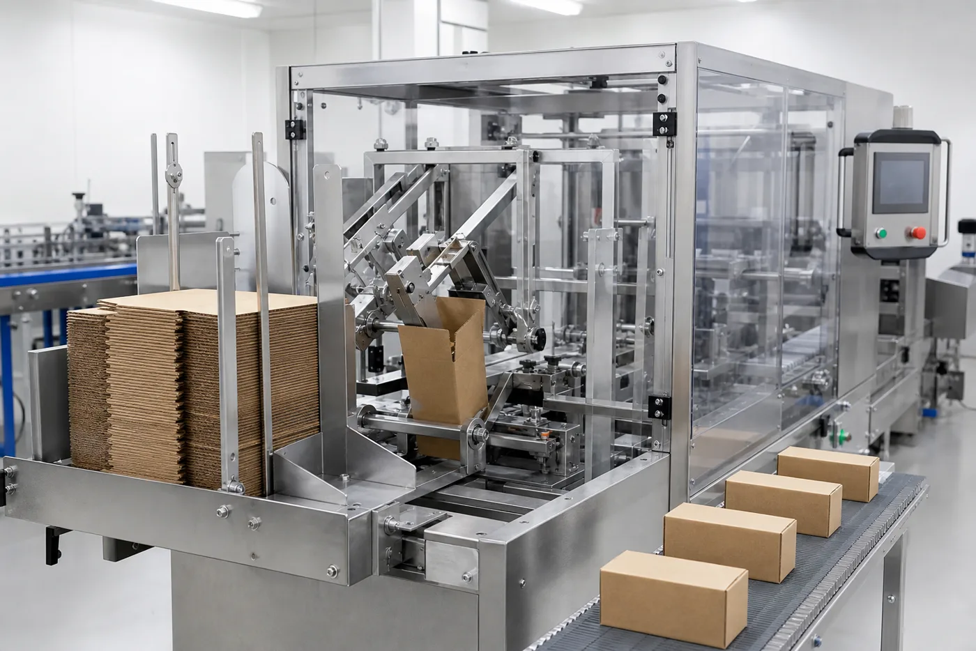 Automatic cartoning machine erecting kraft cartons on a conveyor