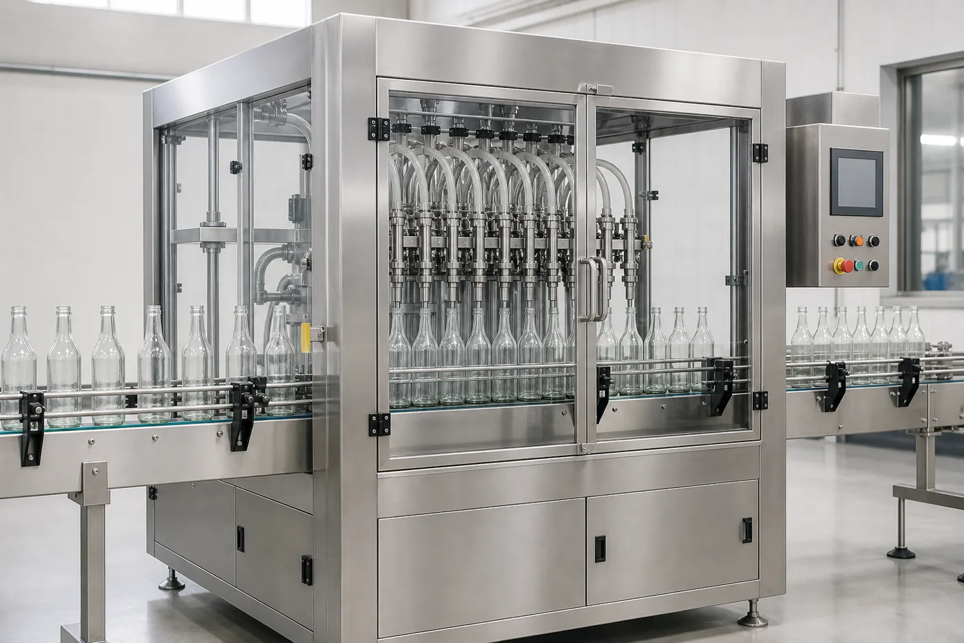Automatic liquid filling machine with inline nozzles over glass bottles