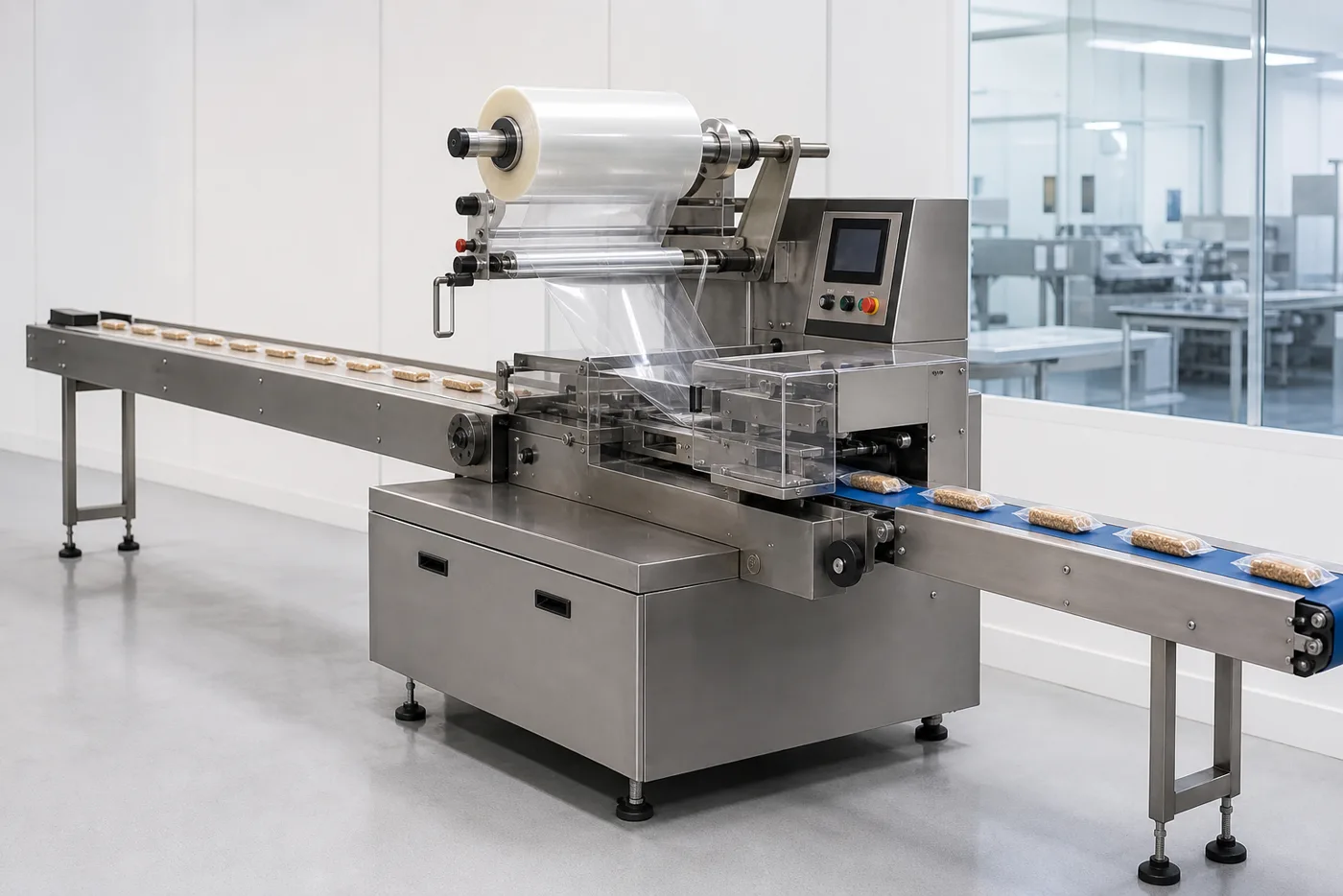 Horizontal flow wrapping machine with film roll and wrapped products