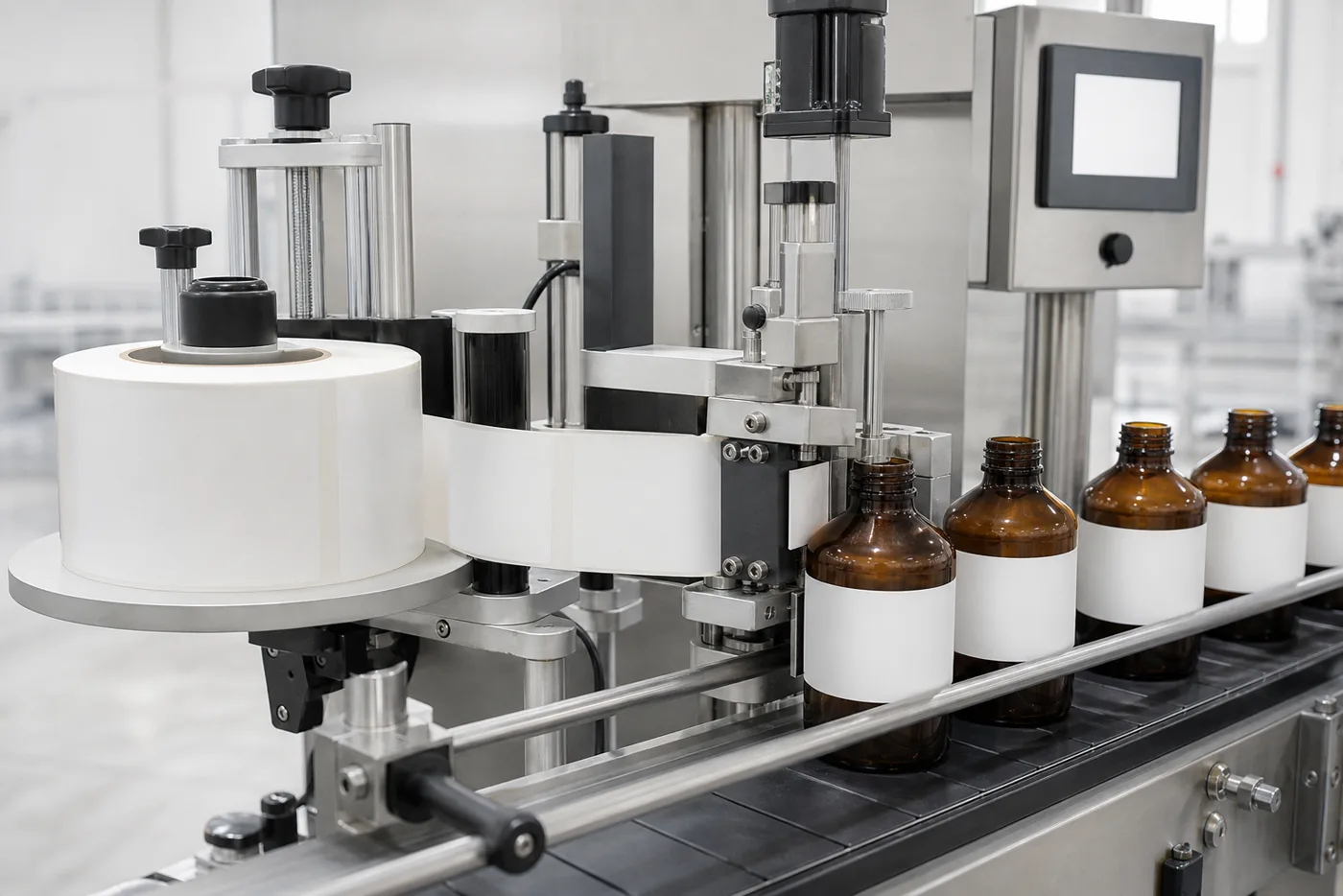 Bottle labeling machine applying labels to amber bottles