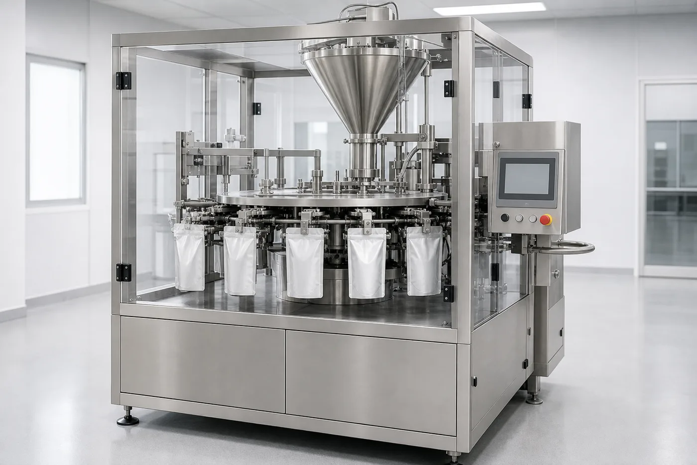Rotary premade pouch packing machine holding stand-up pouches