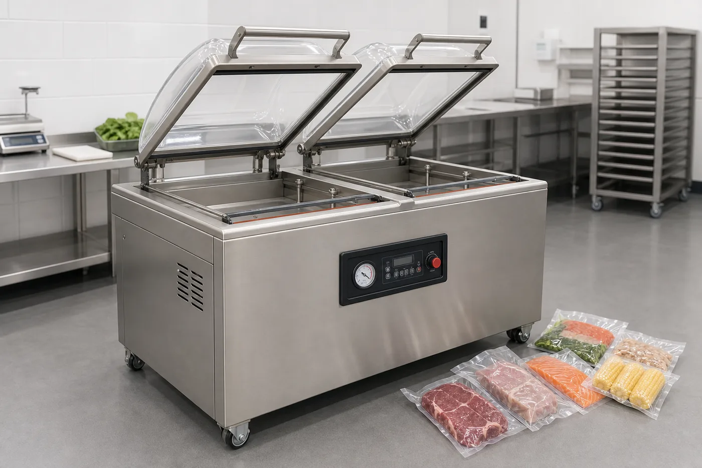 Double chamber vacuum packaging machine with sealed food pouches