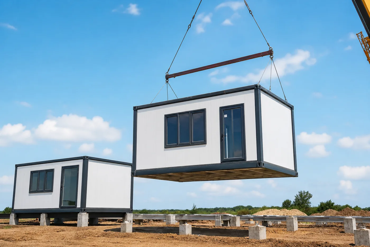 Crane lifting prefab container house module onto foundation