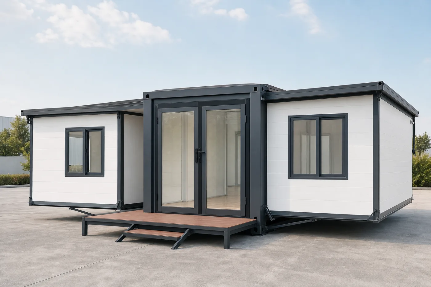 Expandable container house with two open wings