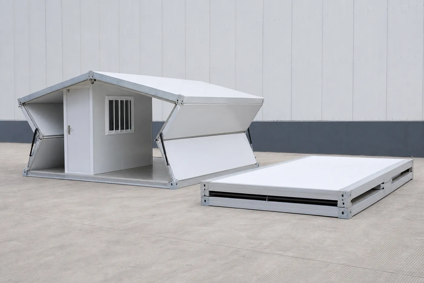 Folding container house shown folded and unfolded