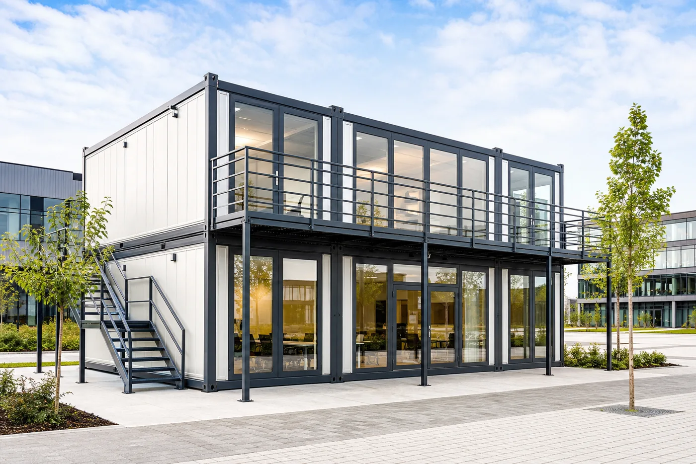 Two-story detachable container office with glass facade